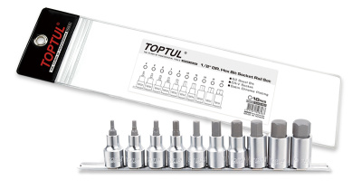 Набор торцевых головок 1/2" с шестигранными вставками 4-19 мм L=55 мм на планке 10 предметов TOPTUL